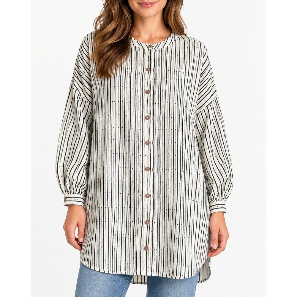 Gudrun Sjoden Top Tunic Long Sleeve Striped Button Down Gray White XL